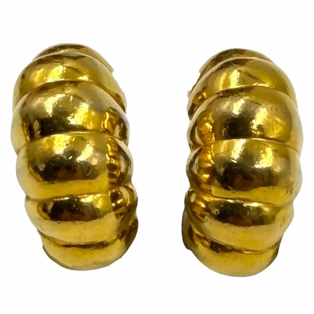 VTG 80s KJL Kenneth Jay Lane Gold Chunky Ribbed Shrimp Croissant Clip Earrings